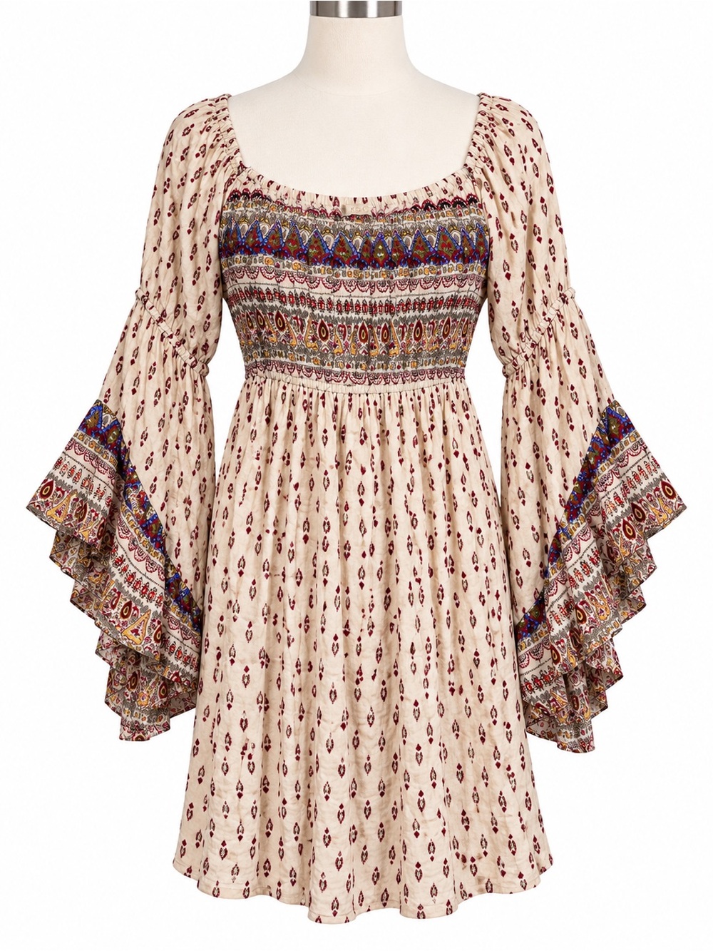 Entro Small Boho Paisley Bell Sleeve Smocked Mini Dress Festival Babydoll Rayon